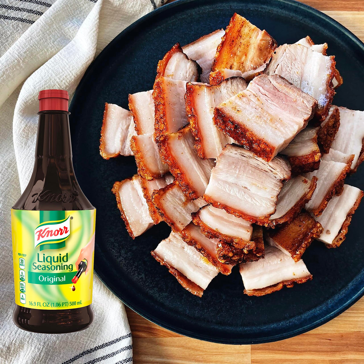 Kitchen scene with Knorr Liquid Seasoning Original on the counter.