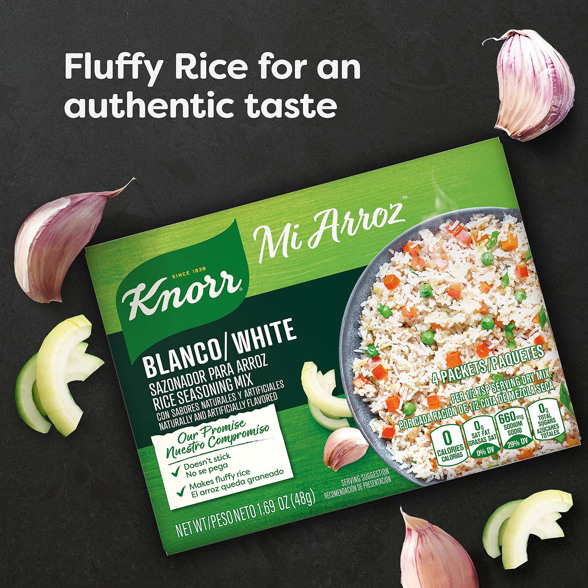 Container displaying four packets of Knorr Mi Arroz White Rice Seasoning Mix