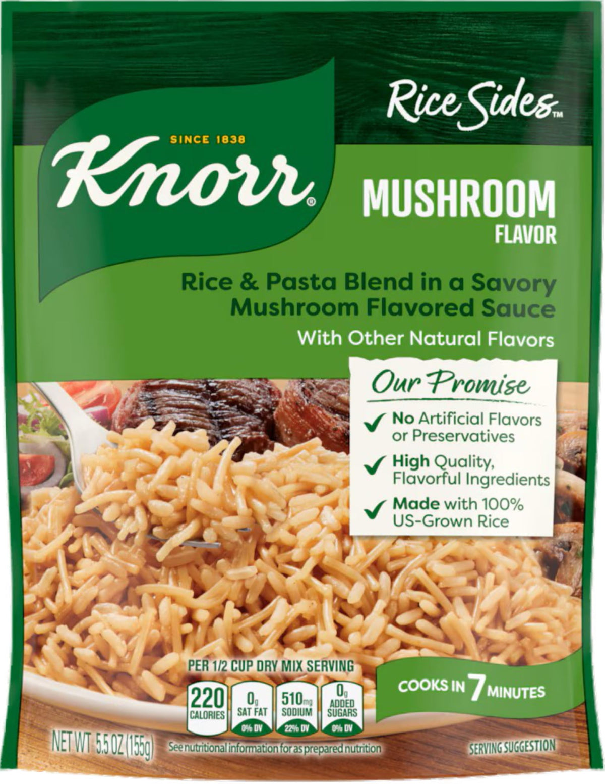 Knorr Mushroom Flavor Rice Sides bag front, ready-to-cook base for easy weeknight meals.