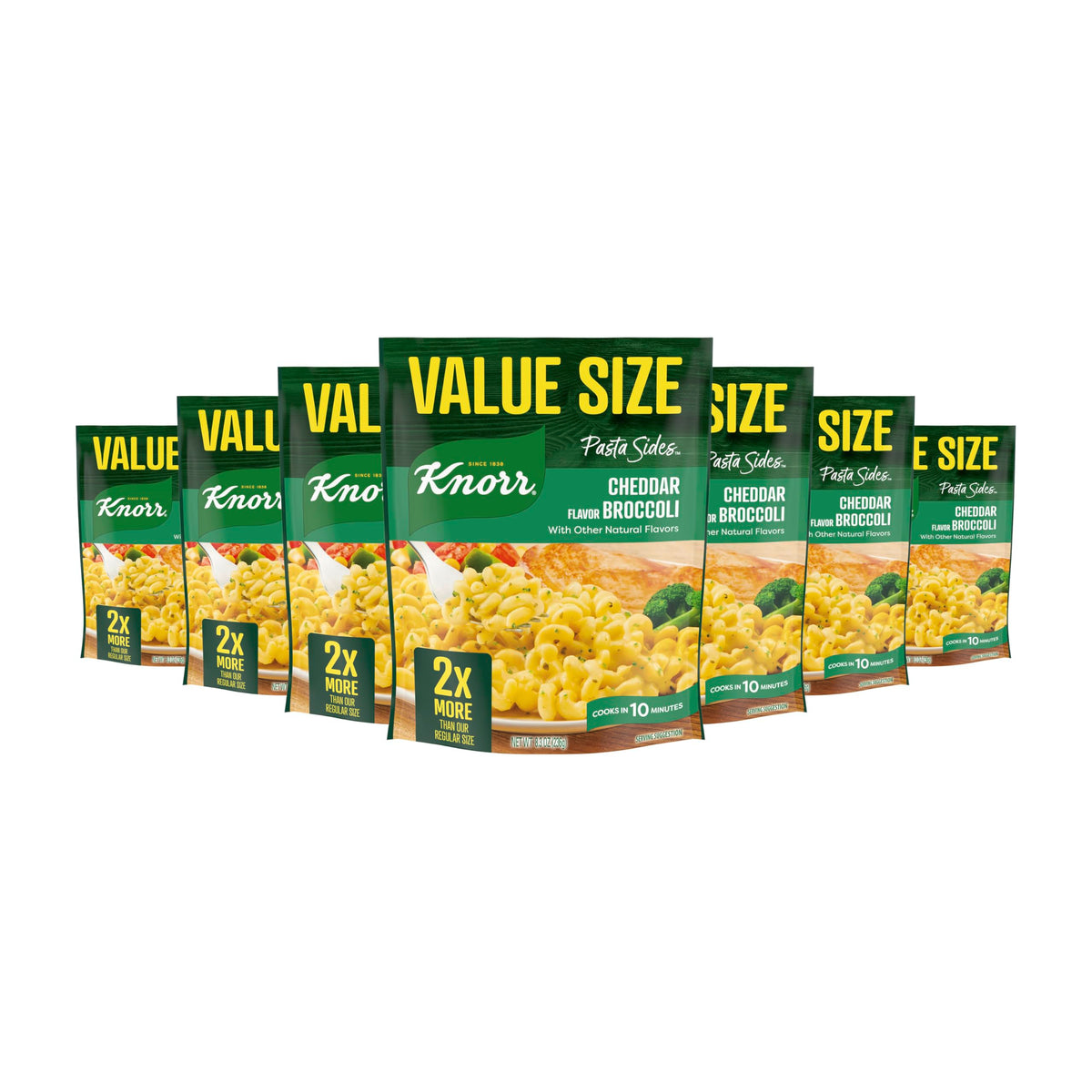 Knorr Pasta Sides Cheddar Broccoli pack on counter, convenient family meal starter.