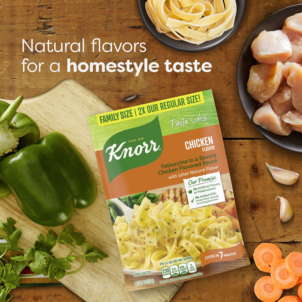 Knorr Pasta Sides Chicken Fettuccine ingredients with peppers, onion, garlic, and parsley for vibrant flavor