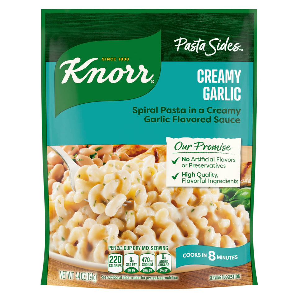 Knorr Pasta Sides Creamy Garlic box front, highlighting packaging and ease of use.