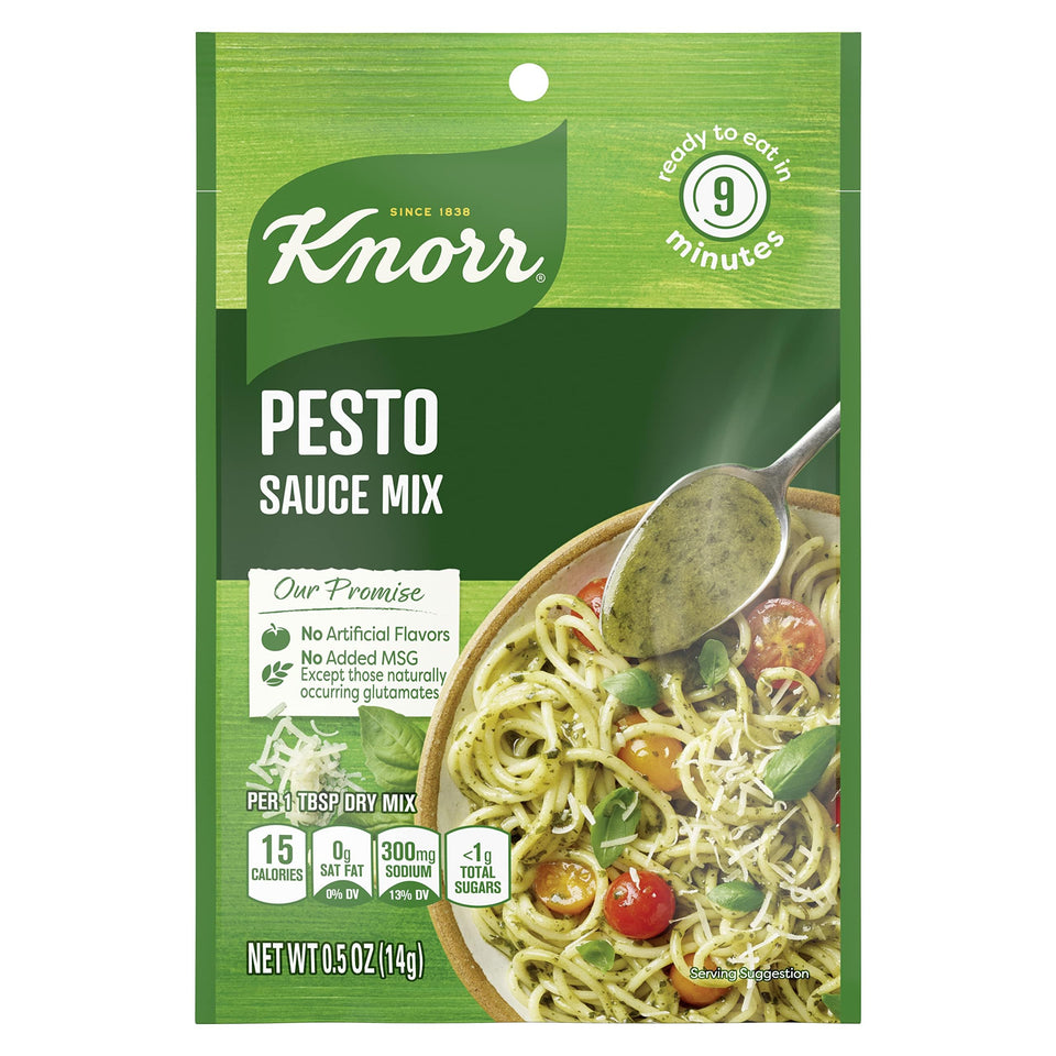 Knorr Pesto Sauce Mix atop a pasta dish for quick weeknight flavor.