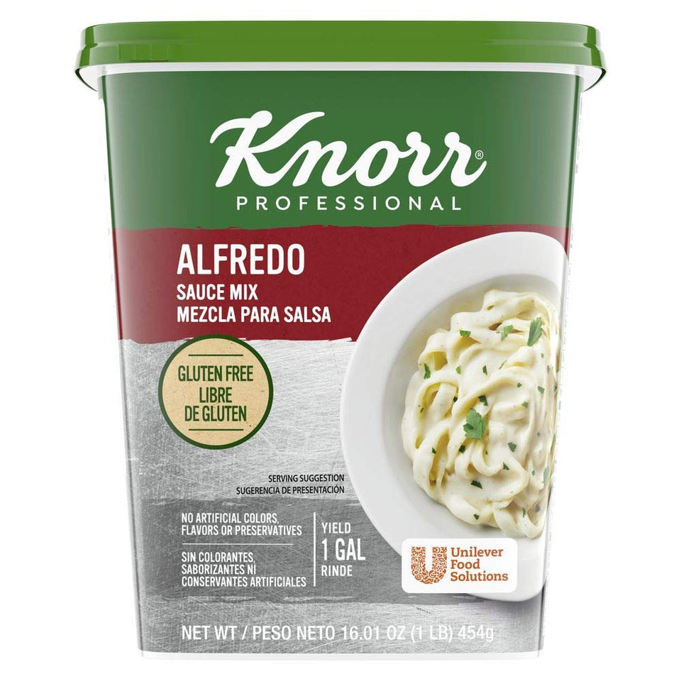 Knorr Professional Alfredo sauce mix in a bulk container for efficient kitchen prep.