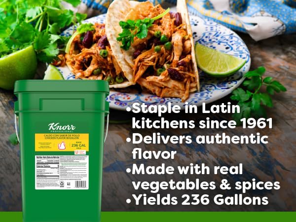 Knorr Professional chicken bouillon granules dissolving in hot water for quick broth.