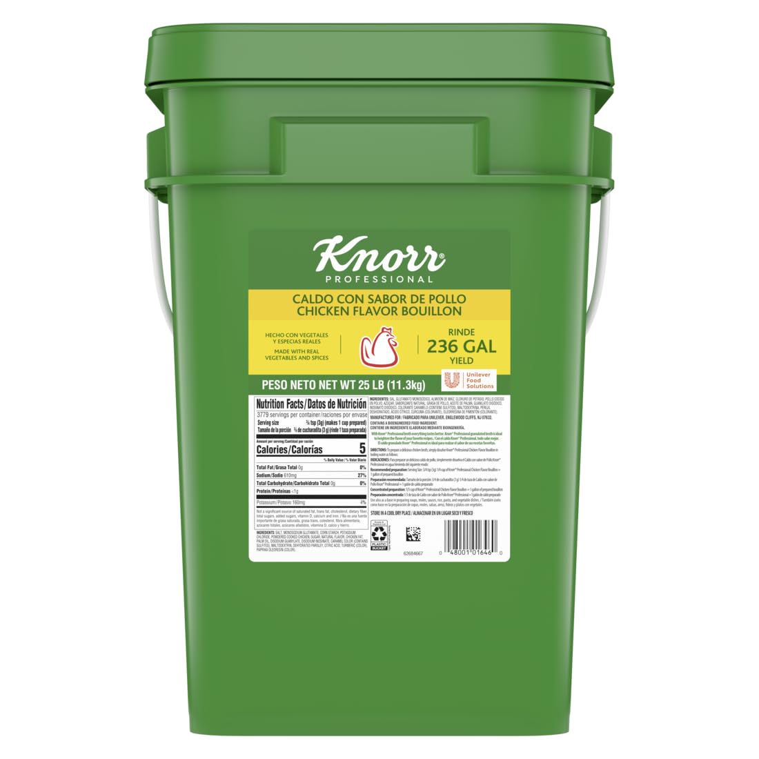 Knorr Professional chicken bouillon label on a 25 lb pail for easy stock prep.