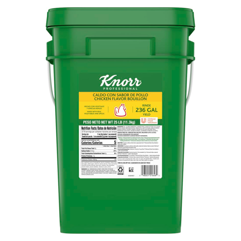 Knorr Professional chicken bouillon label on a 25 lb pail for easy stock prep.
