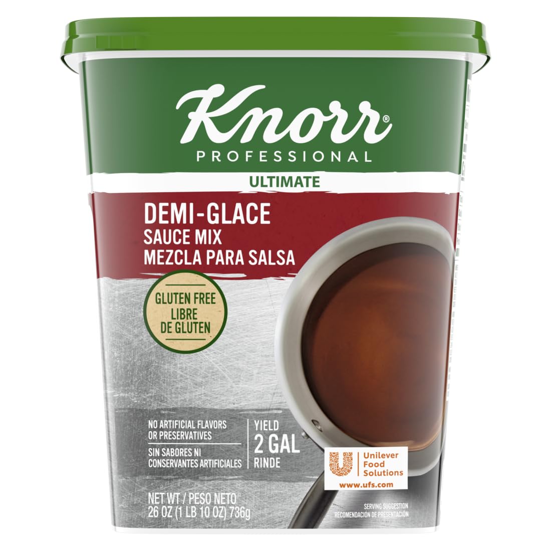Knorr Demi-Glace sauce mix packaging shown, gluten-free and dairy-free option for chefs.