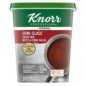 Knorr Demi-Glace sauce mix packaging shown, gluten-free and dairy-free option for chefs.