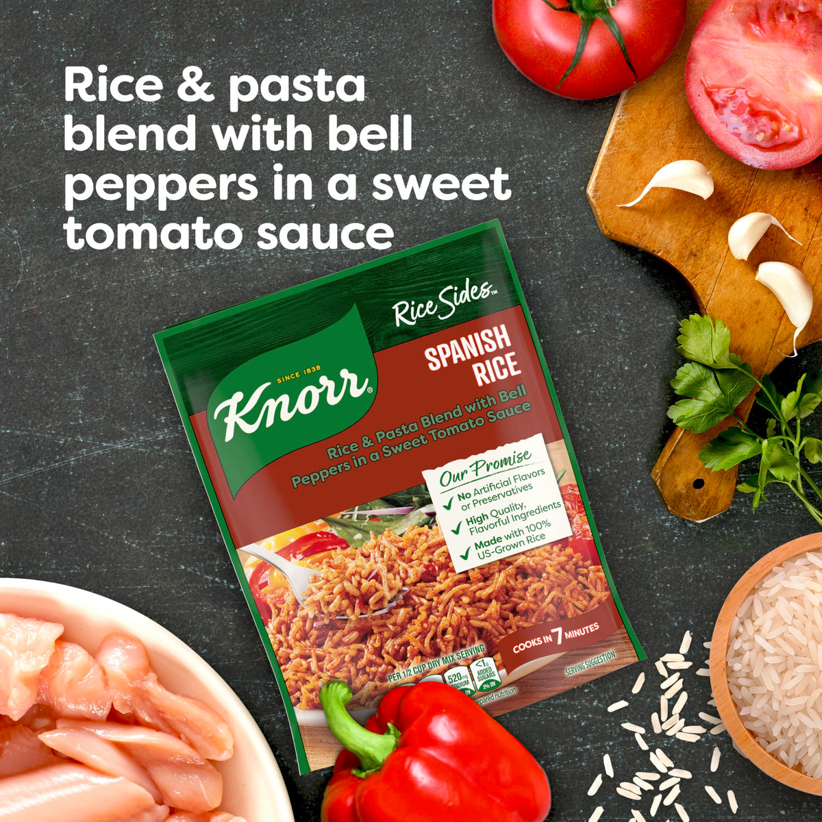 Knorr Rice Sides Spanish Rice tomato-sauce-swirl elevates side dishes with vibrant flavor.