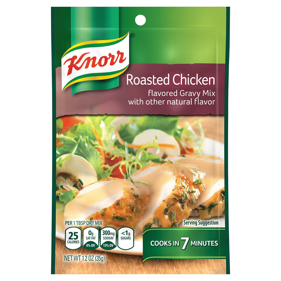 Knorr Roasted Chicken Gravy Mix being poured over potatoes for a comforting dinner.