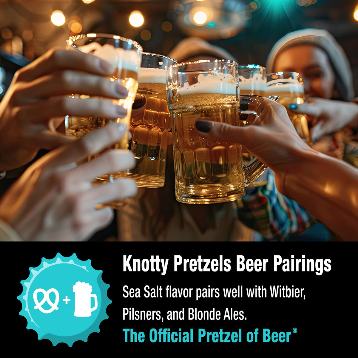 Knotty Pretzels 3-pack display emphasizing convenient, shareable beer snacks.