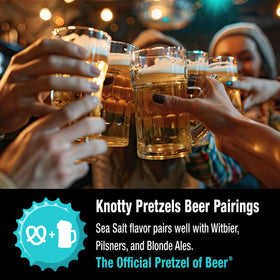 Knotty Pretzels 3-pack display emphasizing convenient, shareable beer snacks.