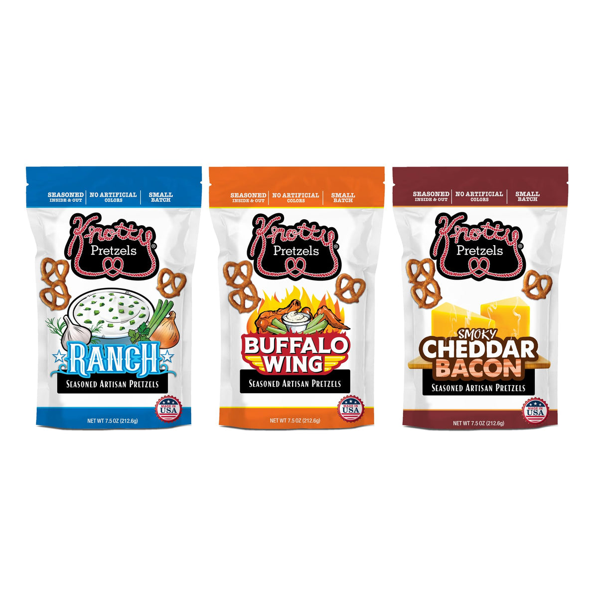 Knotty Pretzels Buffalo Wings 7.5oz pack, ideal beer pairing.