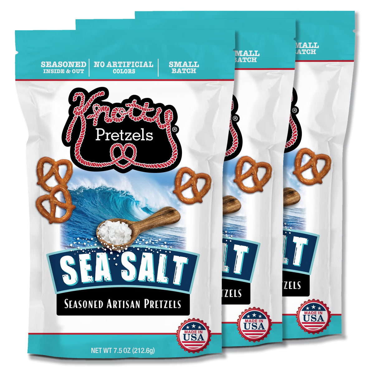 Knotty Pretzels packaging featuring Buttery Sea Salt for fresh snacking on the go.