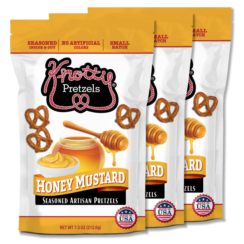Knotty Pretzels Honey Mustard 7.5oz bag ideal for on-the-go snacking and beer pairing.