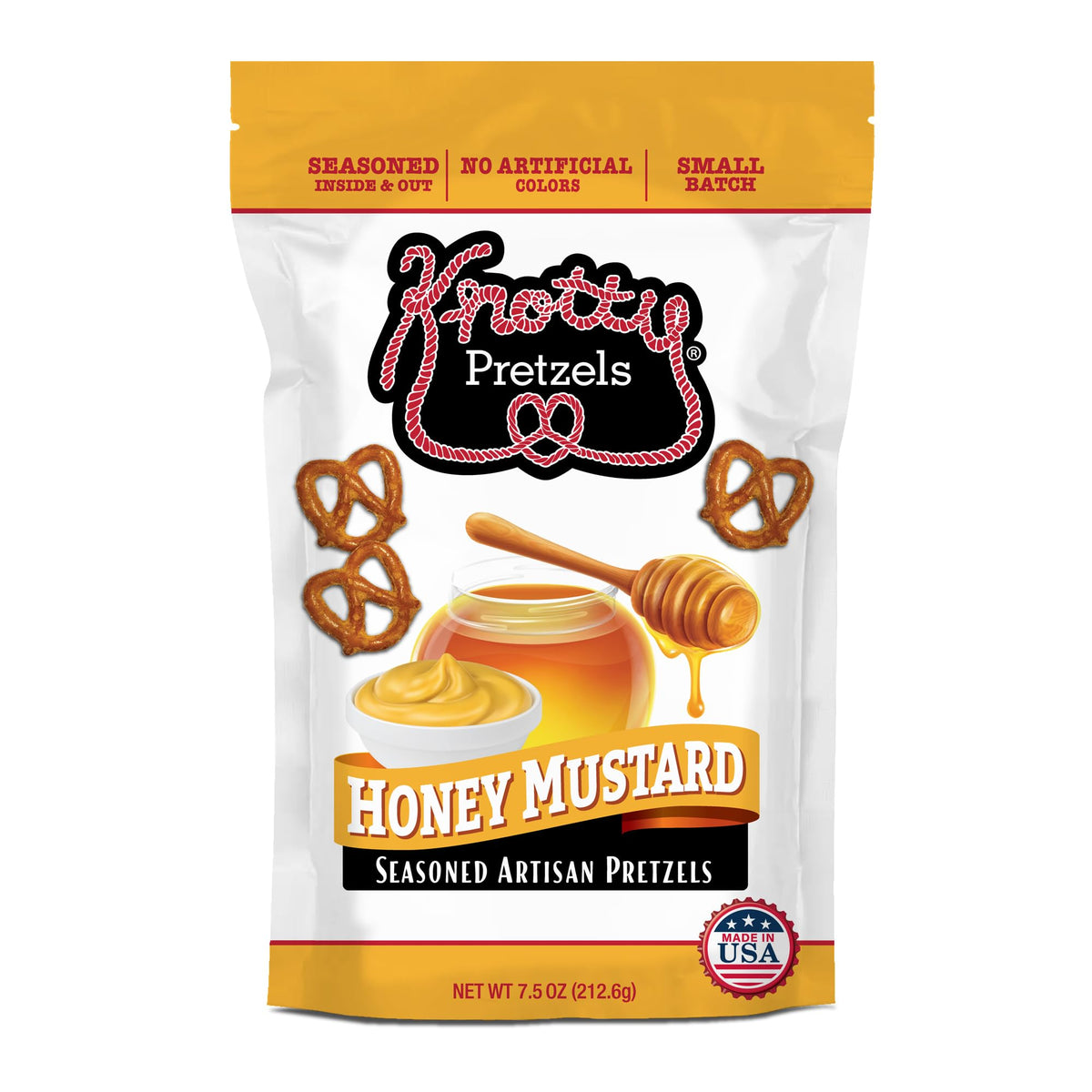 Knotty Pretzels Honey Mustard brand story highlights bold flavor.