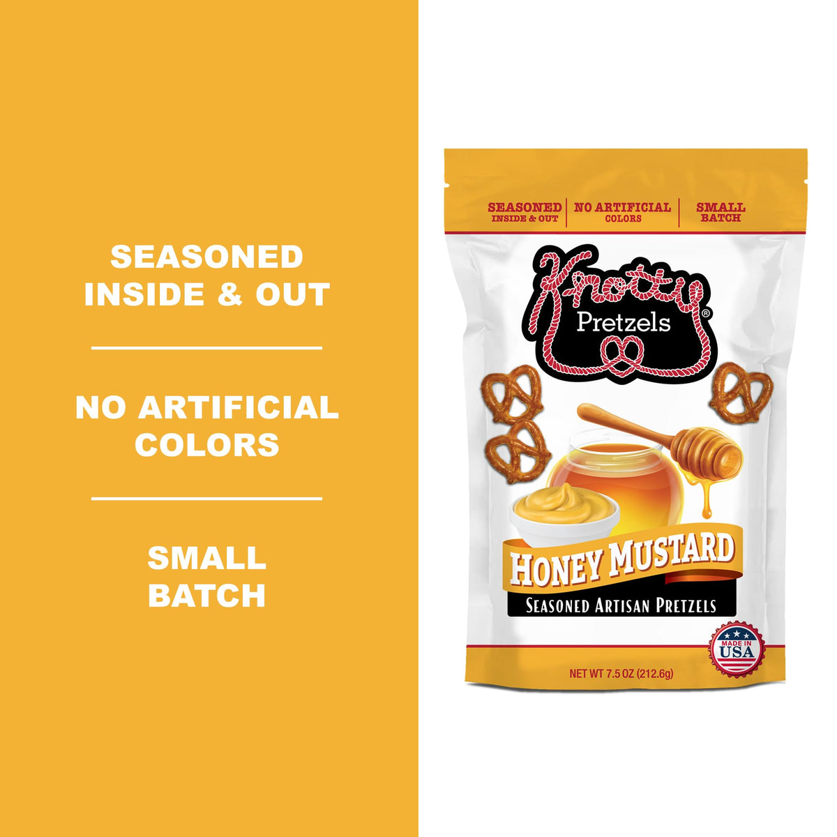 Knotty Pretzels Honey Mustard resealable pack keeps crunch fresh at home.