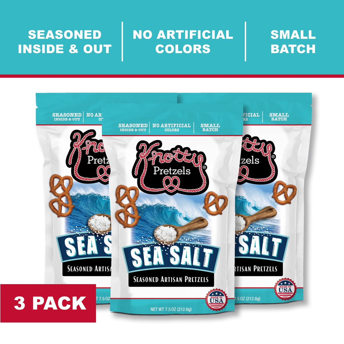Knotty Pretzels resealable bag closeup highlighting freshness and texture.