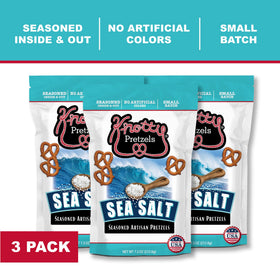 Knotty Pretzels resealable bag closeup highlighting freshness and texture.