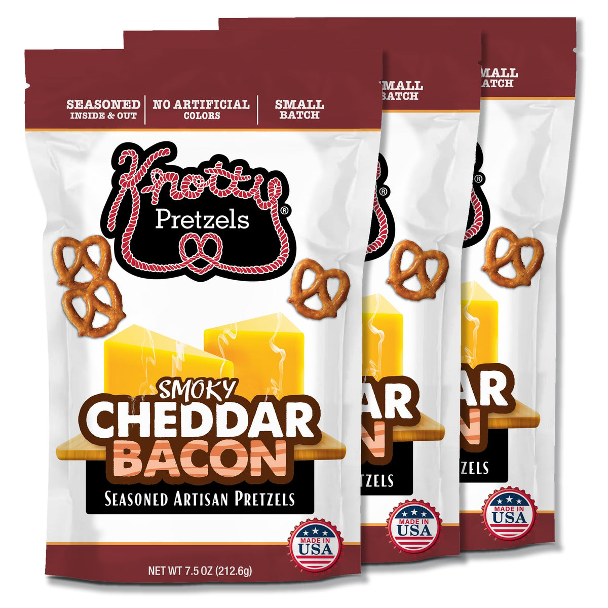Knotty Pretzels Smoky Cheddar Bacon 3-pack front view for beer pairing.