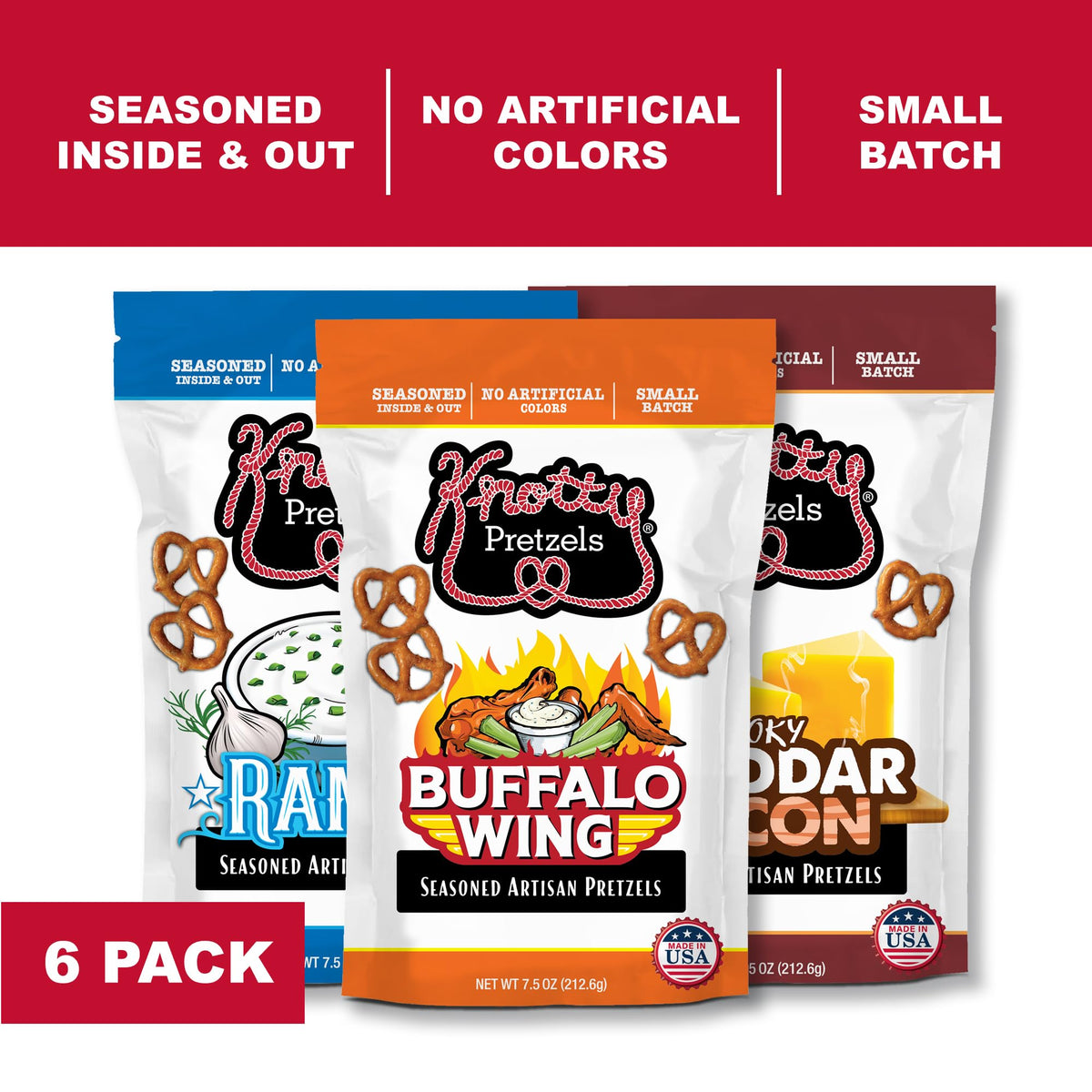 Knotty Pretzels Smoky Cheddar Bacon 7.5oz pack, bold flavor.
