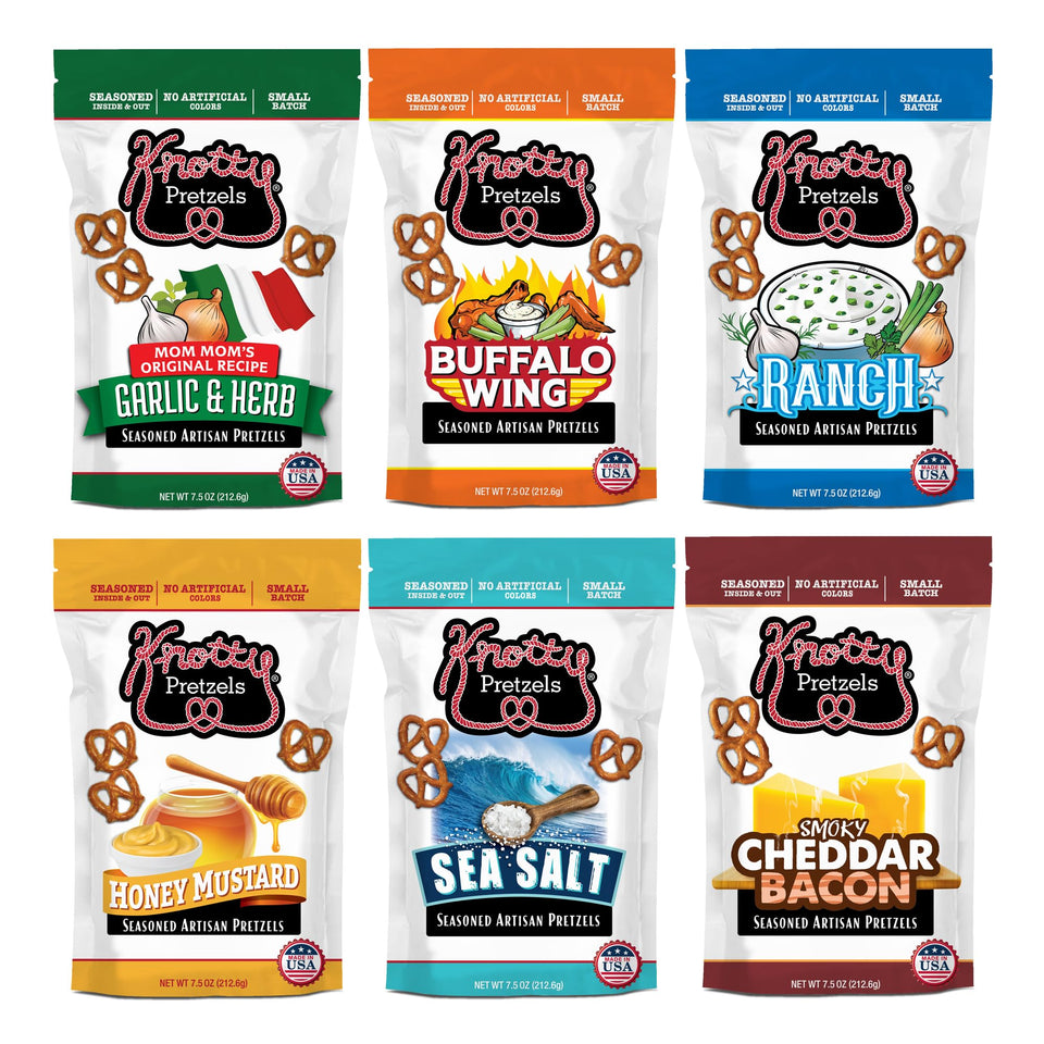 Knotty Pretzels Sea Salt flavor in a resealable bag, ideal for beer pairings and game nights