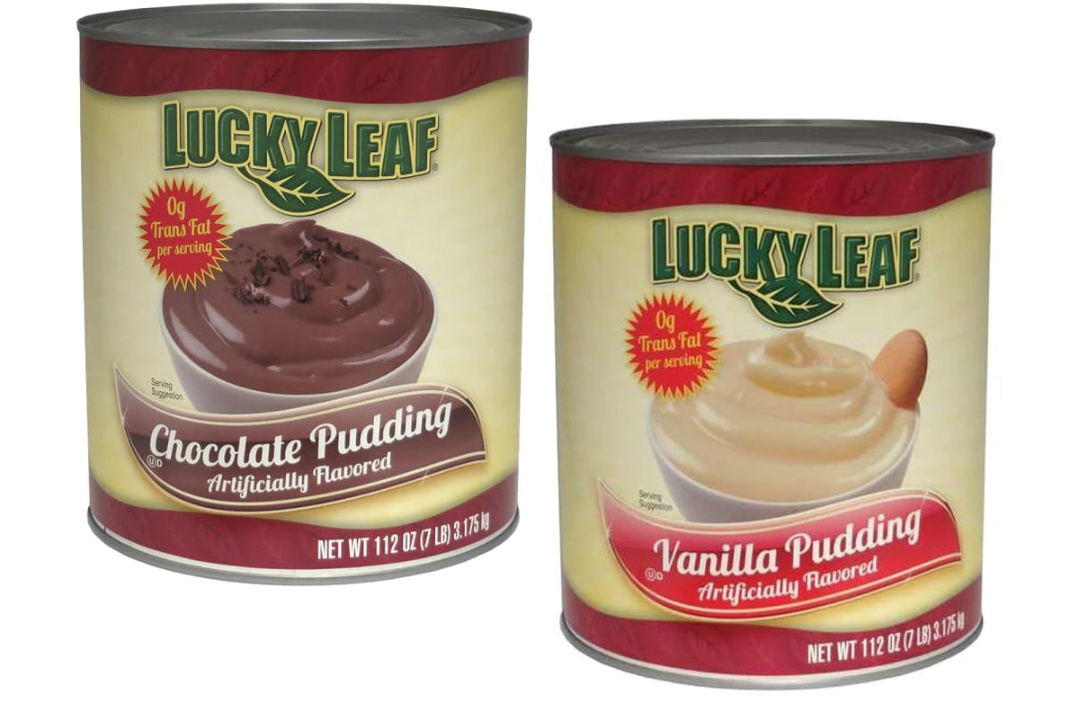 Knouse Foods Lucky Leaf pudding two cans ready-to-use for quick desserts and smoothies.