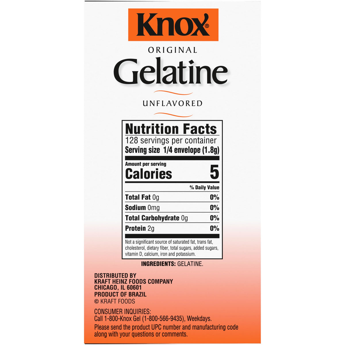 Label highlights zero carbs and five calories per serving in Knox Gelatin.