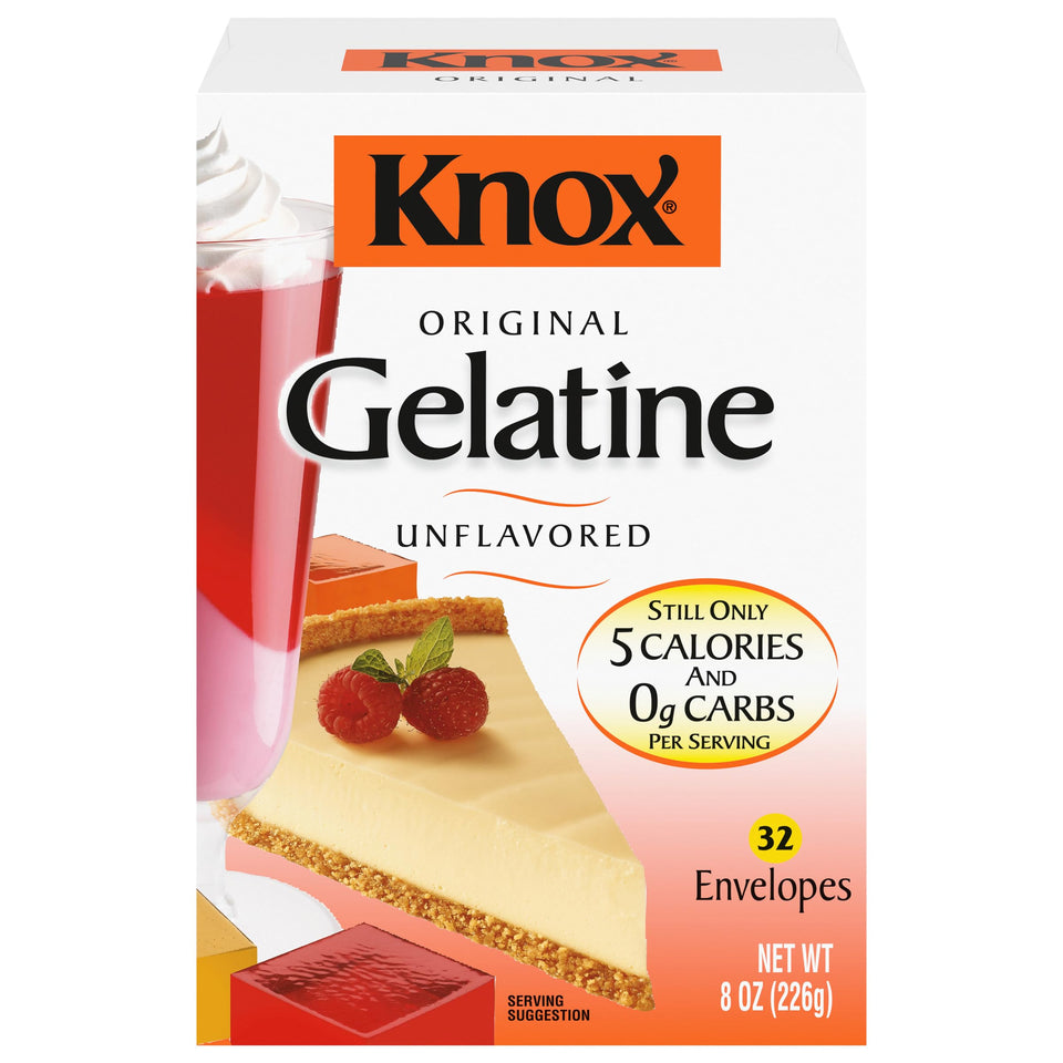 Knox Original Unflavored Gelatin box with 32 sealed packets ready for versatile desserts.