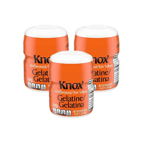 Knox unflavored gelatin three-pack canisters for versatile thickening in desserts and salads