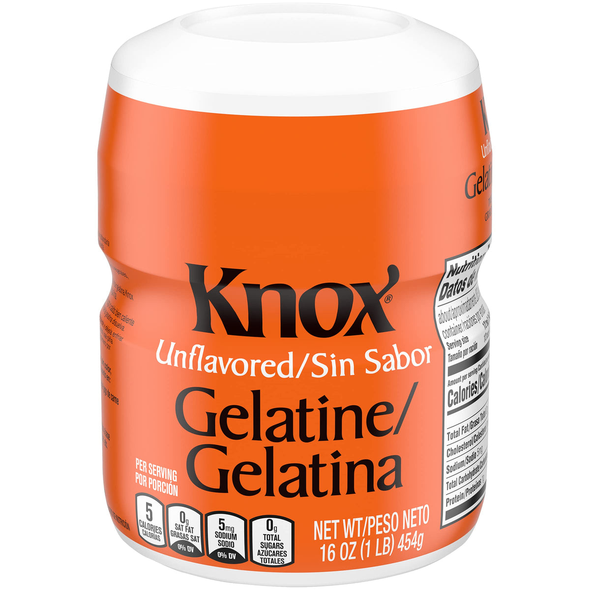 Knox unflavored gelatin package closeup shows odorless, tasteless thickener for clear desserts