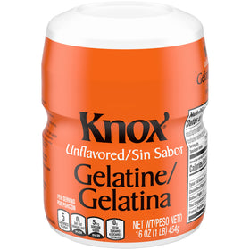 Knox unflavored gelatin package closeup shows odorless, tasteless thickener for clear desserts