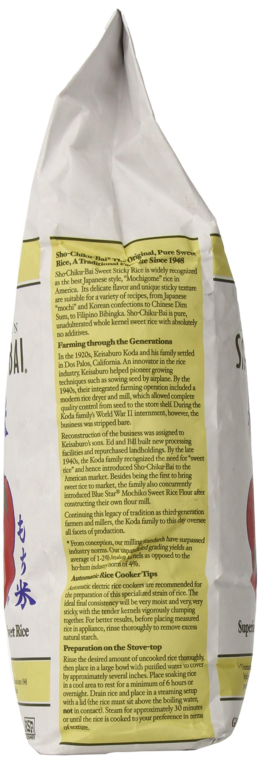 Koda Farms Sho Chiku Bai sweet rice open bag ready for cooking prep.