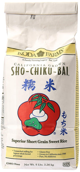 Koda Farms Sho Chiku Bai sweet rice packaging with compact dimensions for pantry storage.