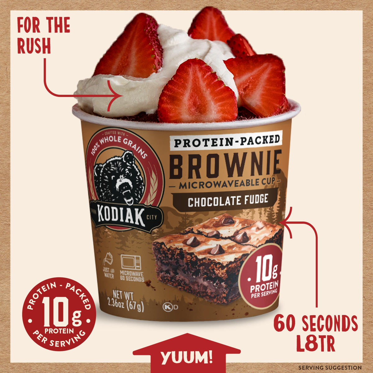 Kodiak Cakes 100% whole grains brownie cup for a convenient breakfast.