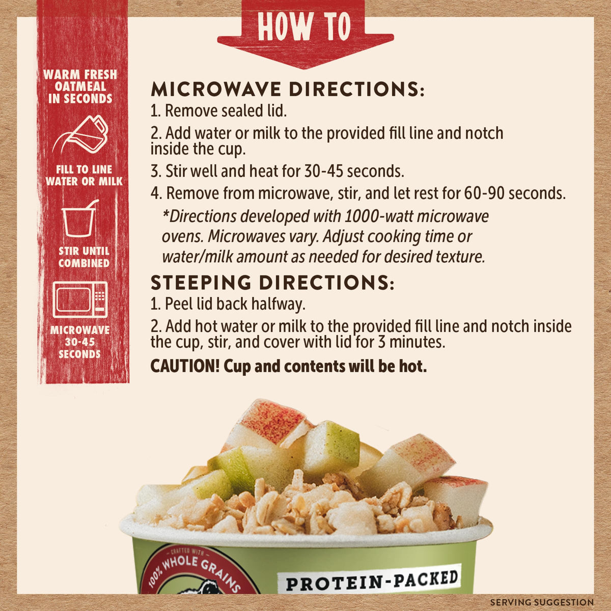 Kodiak Cakes Oatmeal Cup ingredients graphic—100% whole grains for wholesome fuel.