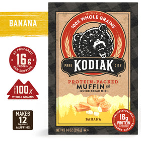 Kodiak Cakes banana muffin mix in bowl with whisk for easy prep.