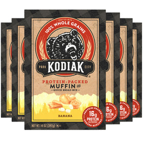 Kodiak Cakes banana muffin mix box ready to bake for a quick protein breakfast.