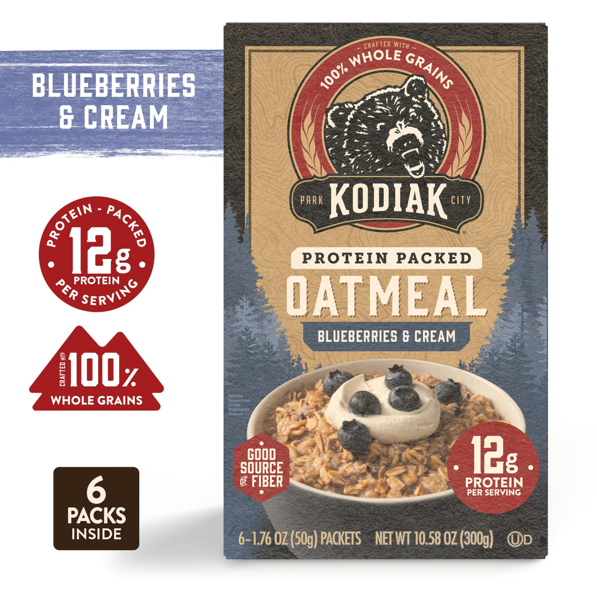 Kodiak Cakes Blueberries & Cream oatmeal boxes on a kitchen shelf