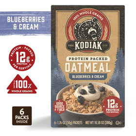 Kodiak Cakes Blueberries & Cream oatmeal boxes on a kitchen shelf