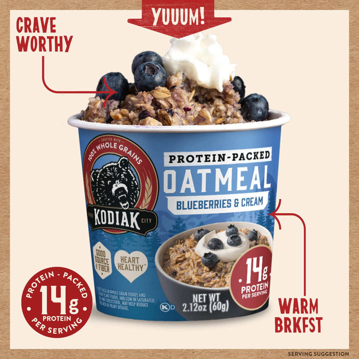 Kodiak Cakes oatmeal bowl with blueberries, highlighting whole grains and fiber.