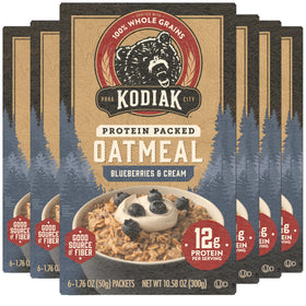 Kodiak Cakes Blueberries & Cream oatmeal packets ready for a quick high-protein breakfast