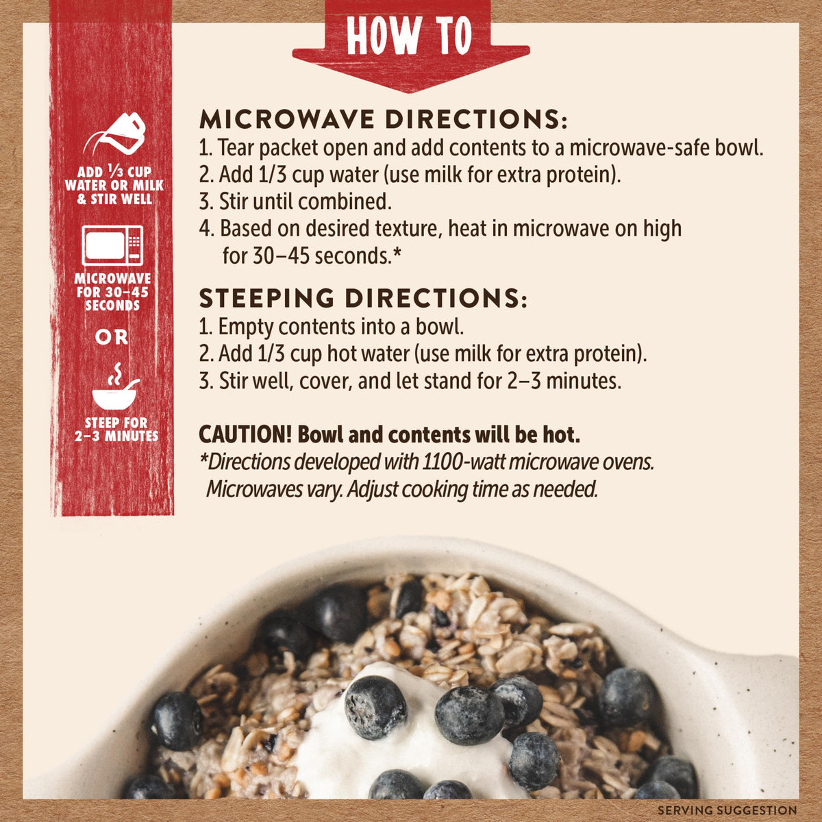 Steaming cup of Kodiak Cakes oatmeal with blueberries and cream aroma