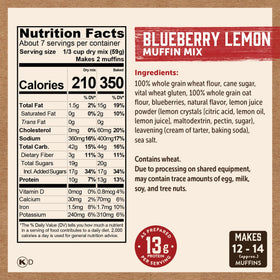 Kodiak Cakes Blueberry Muffin Mix label highlights 100% Non-GMO ingredients for peace of mind.