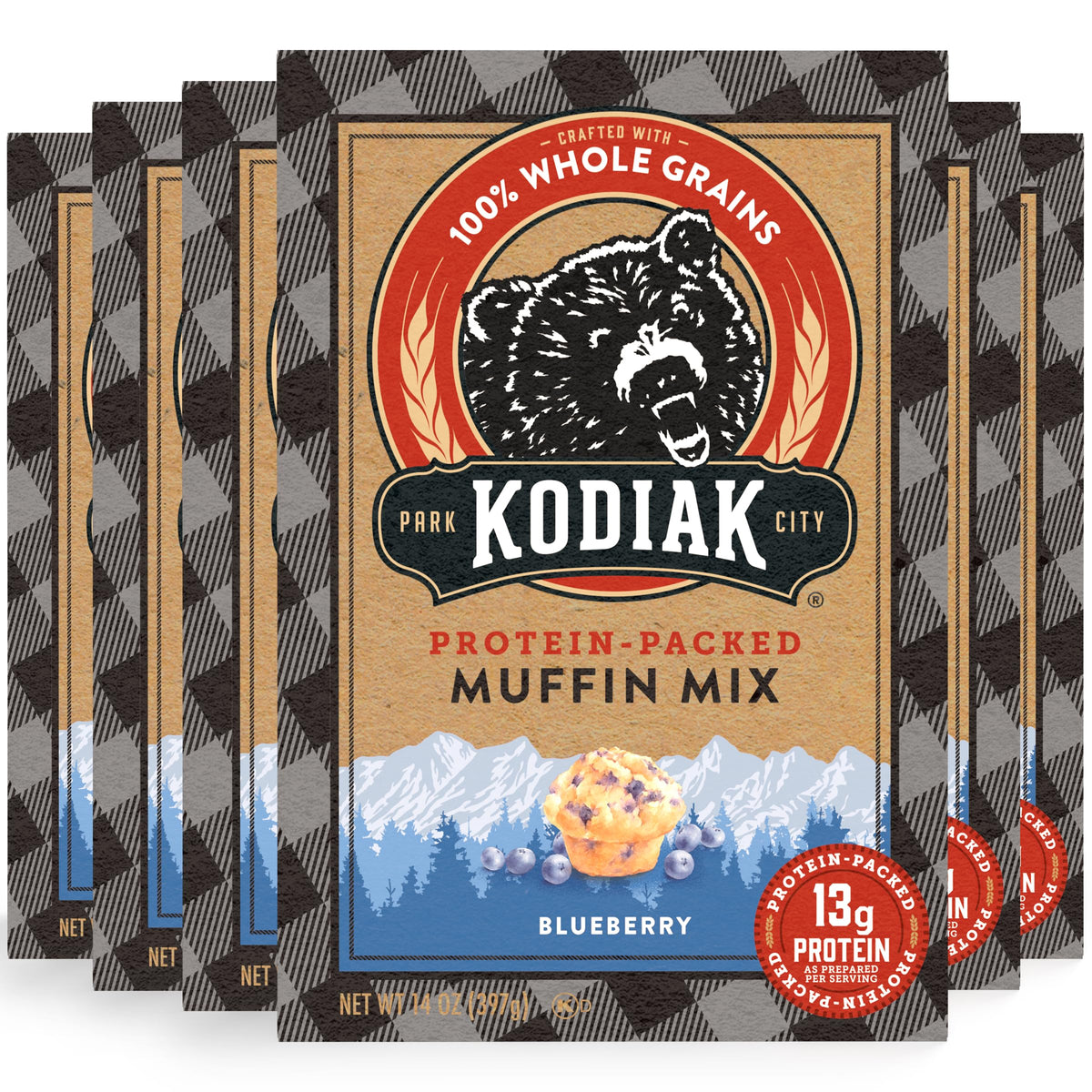 Kodiak Cakes Blueberry Muffin Mix six-pack ready for bakeable mornings.