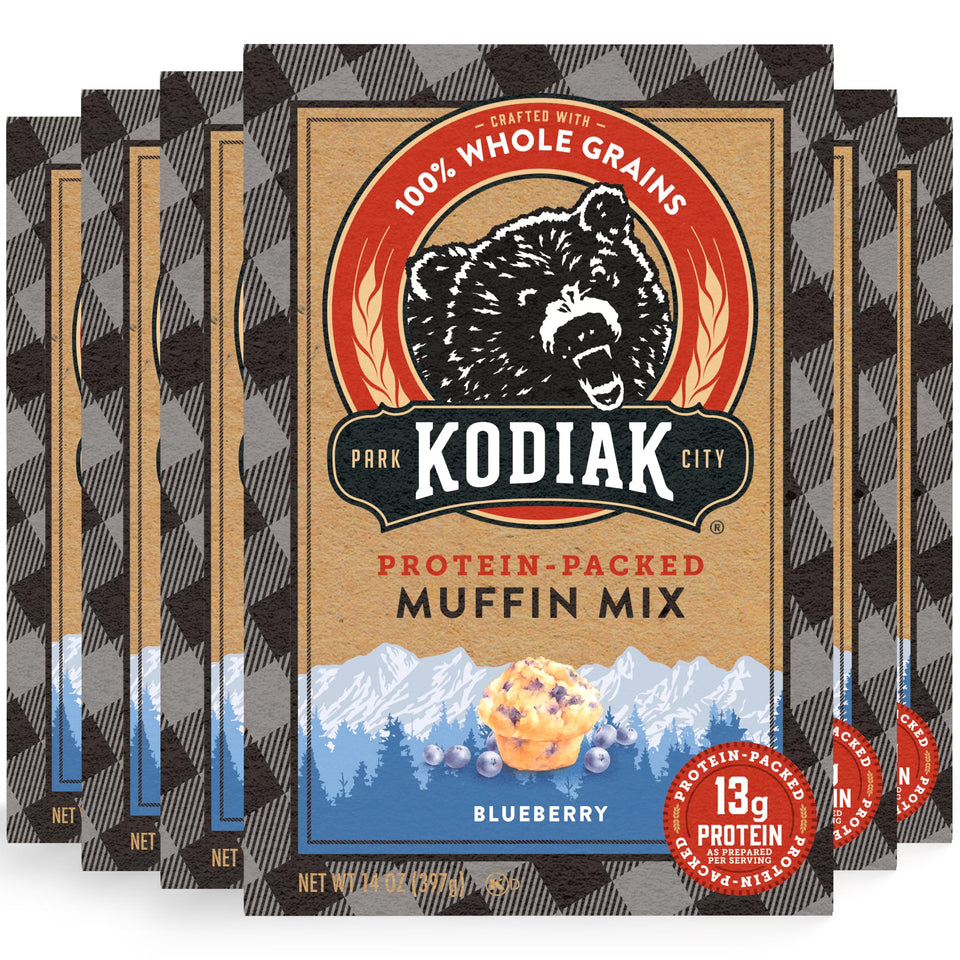 Kodiak Cakes Blueberry Muffin Mix six-pack ready for bakeable mornings.