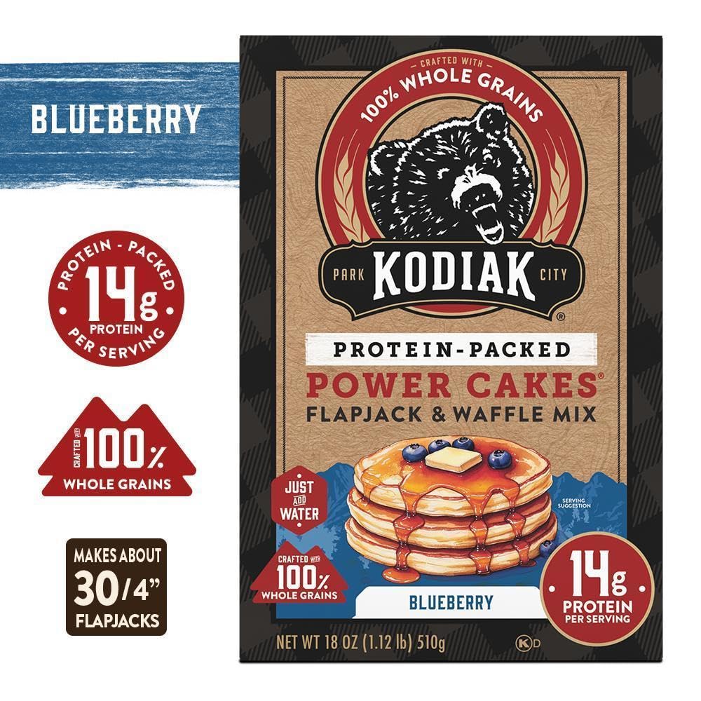 Kodiak Cakes blueberry pancakes in skillet offer quick, protein-rich breakfast.
