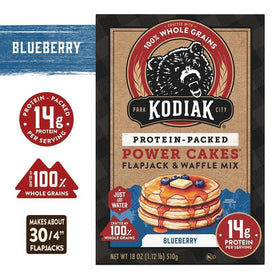 Kodiak Cakes blueberry pancakes in skillet offer quick, protein-rich breakfast.