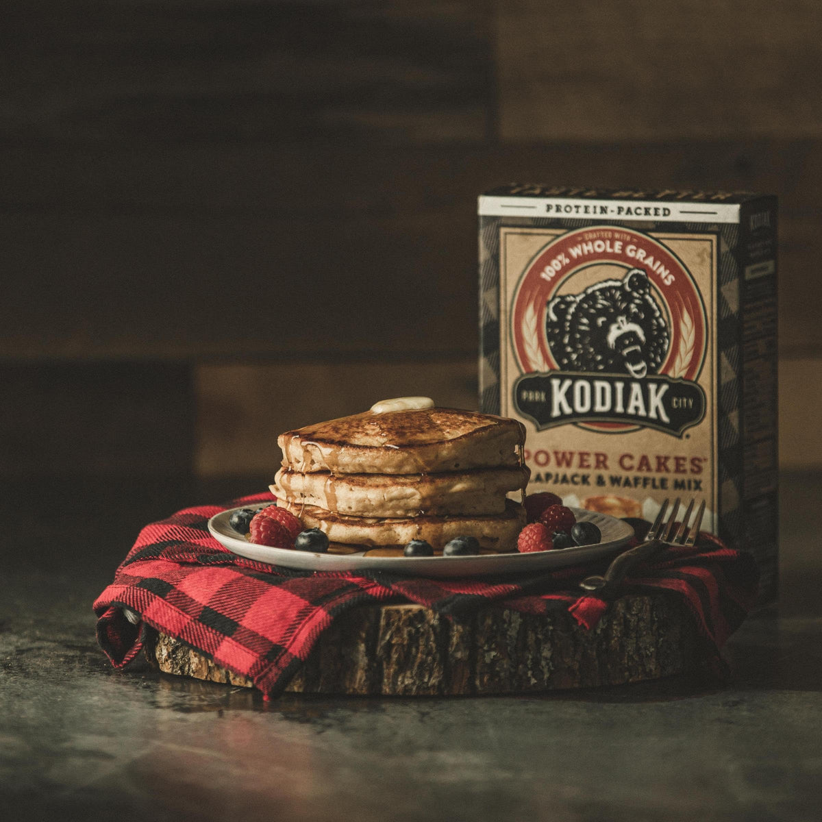 Eco-friendly Kodiak Cakes box made from recycled paper.